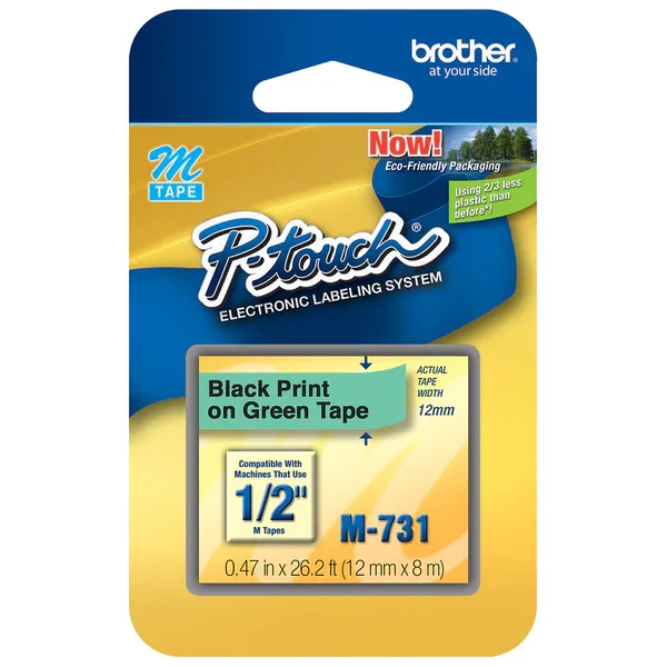 Brother M-731 Black on Green 12mm Non-Laminated Tape