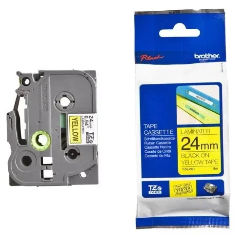 Brother TZE-651 Black on Yellow 24mm Laminated Label Tape