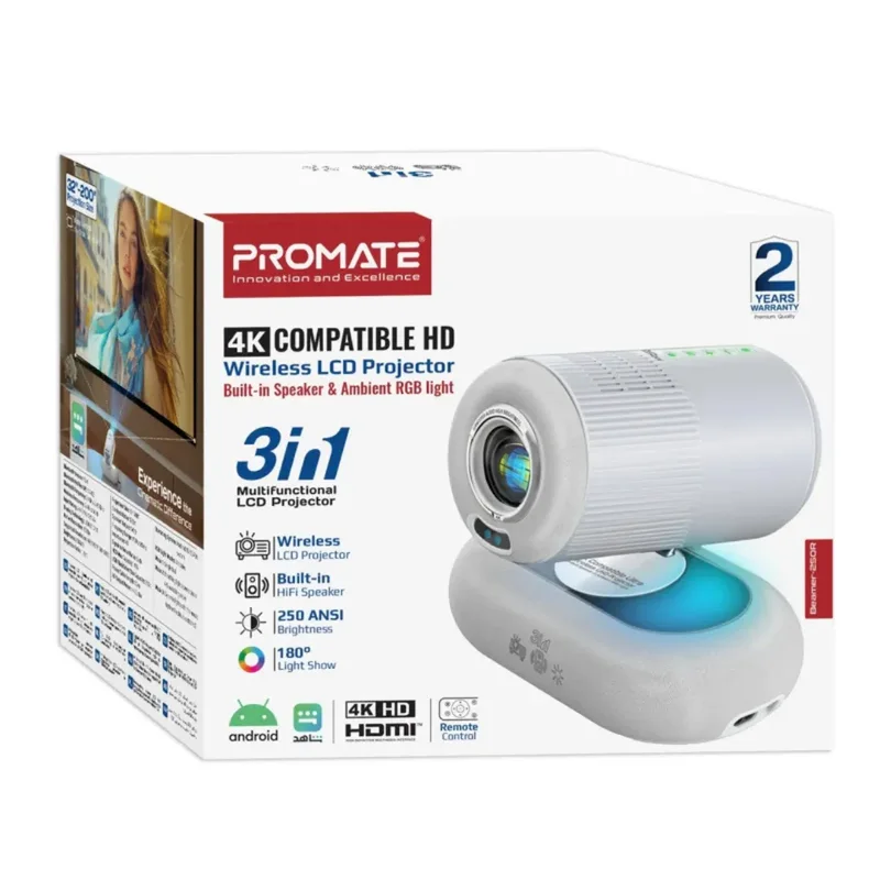 Promate Beamer-250R, 4K Ultra HD Wireless LCD Projector