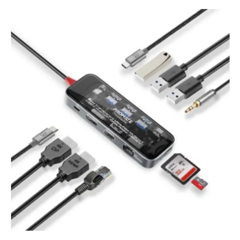 Promate 11-in-1 Transparent Ultra-Fast Multiport USB-C Hub