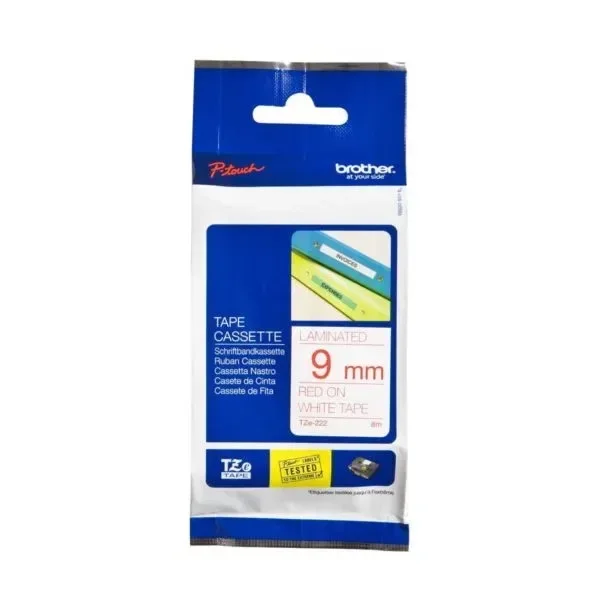 Brother TZE-222 Red on White 9mm Laminated Label Tape