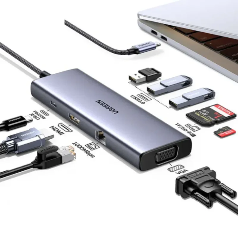 UGREEN 9-in-1 USB-CUSB-C to USB 3.0 (3 Ports) + 4K HDMI + VGA + RJ45 Gigabit Ethernet + SD & TF Card Reader + USB-C PD  Multifunction Adapter – CM498