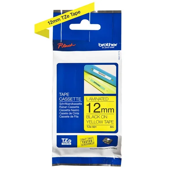 Brother TZE-631 Black on Yellow 12mm Laminated Label Tape