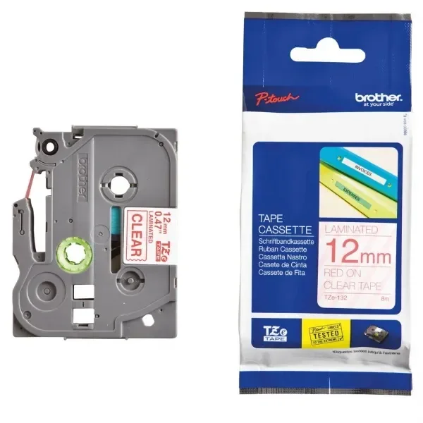 Brother TZE-132 Red on Clear 12mm Laminated Label Tape