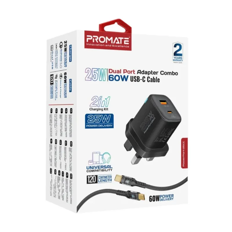 Promate PowerPort-25CC.EU 25W Dual Port Adapter Combo with 60W USB-C Cable
